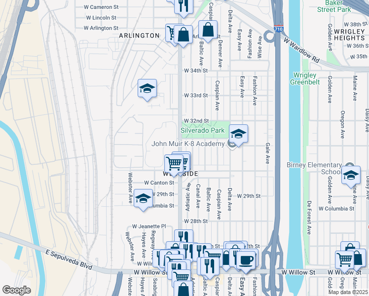 map of restaurants, bars, coffee shops, grocery stores, and more near 3036 Santa Fe Avenue in Long Beach