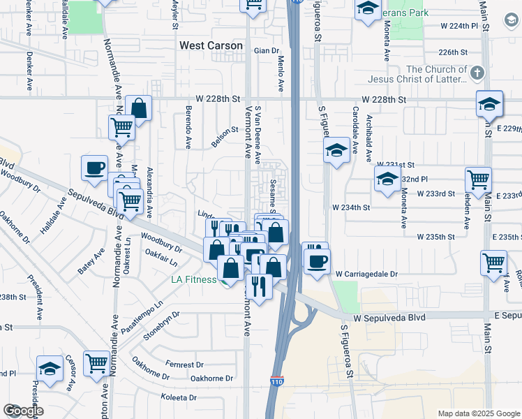 map of restaurants, bars, coffee shops, grocery stores, and more near 23316 South Vermont Avenue in Torrance