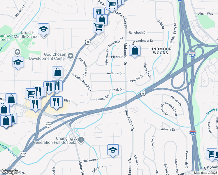 map of restaurants, bars, coffee shops, grocery stores, and more near 3082 Brook Drive in Decatur