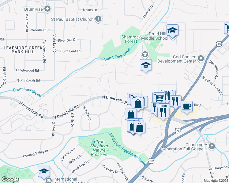 map of restaurants, bars, coffee shops, grocery stores, and more near 1184 Druid Walk in Decatur
