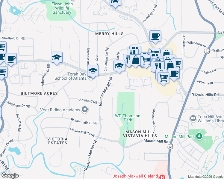 map of restaurants, bars, coffee shops, grocery stores, and more near 1165 Houston Mill Road Northeast in Atlanta