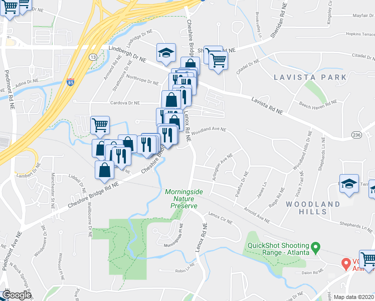 map of restaurants, bars, coffee shops, grocery stores, and more near 1079 Woodland Avenue Northeast in Atlanta