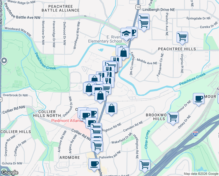 map of restaurants, bars, coffee shops, grocery stores, and more near 2161 Peachtree Road Northeast in Atlanta