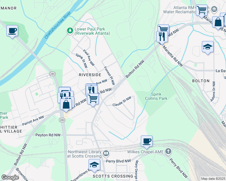 map of restaurants, bars, coffee shops, grocery stores, and more near 2127 Bolton Road Northwest in Atlanta