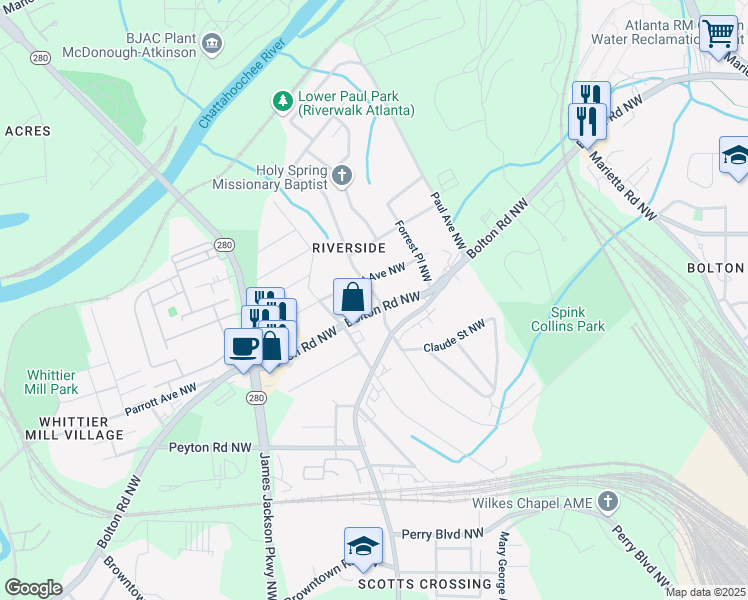 map of restaurants, bars, coffee shops, grocery stores, and more near 2102 Bolton Road Northwest in Atlanta