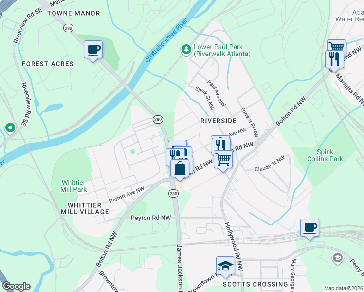 map of restaurants, bars, coffee shops, grocery stores, and more near 2686 Rosemary Street Northwest in Atlanta
