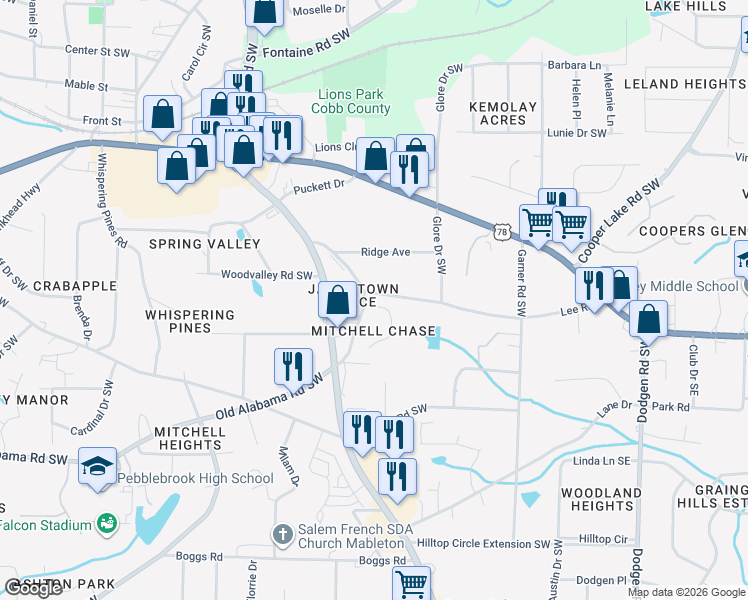 map of restaurants, bars, coffee shops, grocery stores, and more near 5755 Mitchell Chase Trail in Mableton