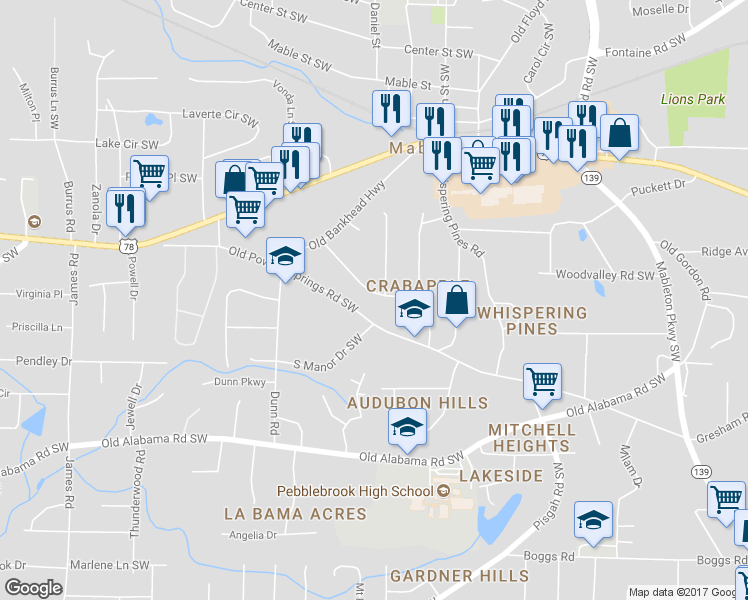 map of restaurants, bars, coffee shops, grocery stores, and more near 1061 Cliff Drive Southwest in Mableton
