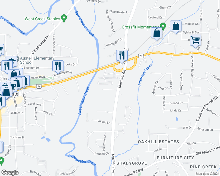 map of restaurants, bars, coffee shops, grocery stores, and more near 3038 Creekside Overlook Way in Austell
