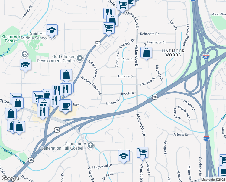 map of restaurants, bars, coffee shops, grocery stores, and more near 3058 Brook Drive in Decatur
