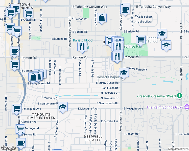 map of restaurants, bars, coffee shops, grocery stores, and more near 677 South Thornhill Road in Palm Springs