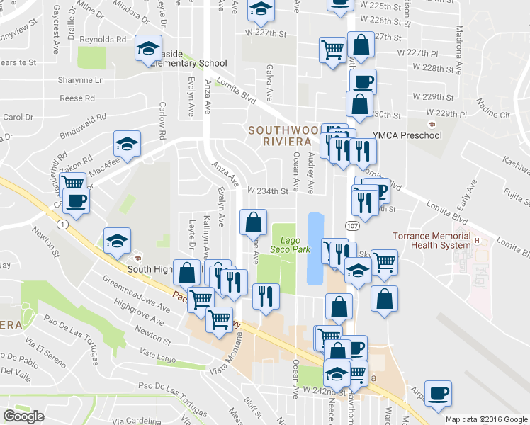 map of restaurants, bars, coffee shops, grocery stores, and more near 4026 West 234th Place in Torrance