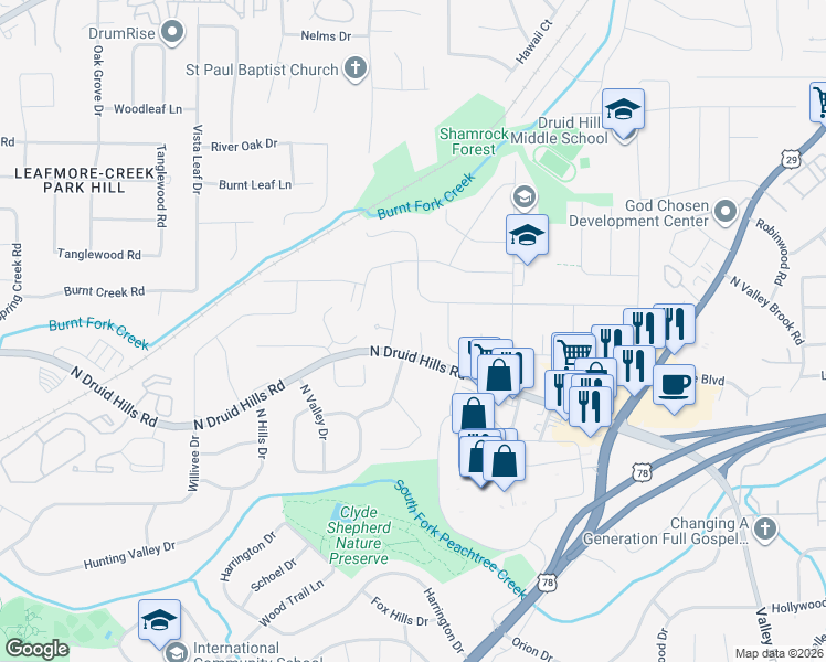 map of restaurants, bars, coffee shops, grocery stores, and more near 1184 Druid Walk in Decatur