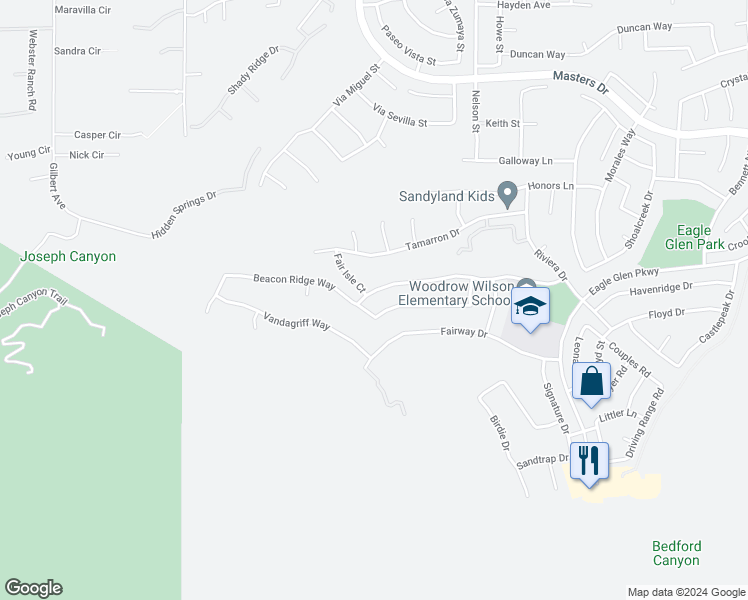 map of restaurants, bars, coffee shops, grocery stores, and more near 1606 Spyglass Drive in Corona