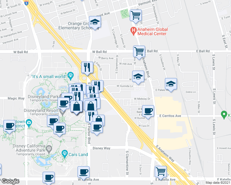 map of restaurants, bars, coffee shops, grocery stores, and more near 310 West Palais Road in Anaheim