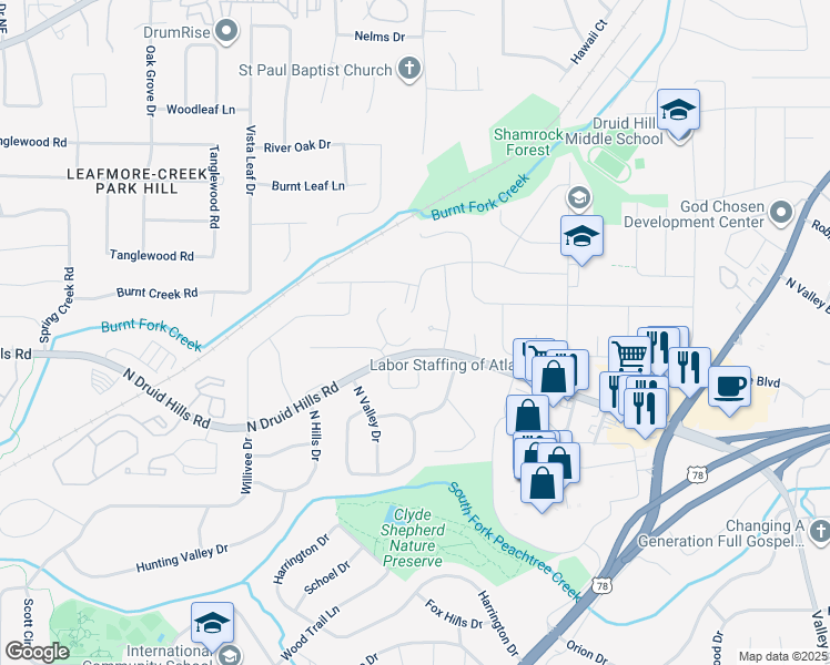 map of restaurants, bars, coffee shops, grocery stores, and more near 1129 Gavinwood Place in Decatur