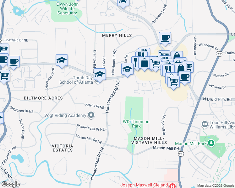 map of restaurants, bars, coffee shops, grocery stores, and more near 1165 Houston Mill Road Northeast in Atlanta