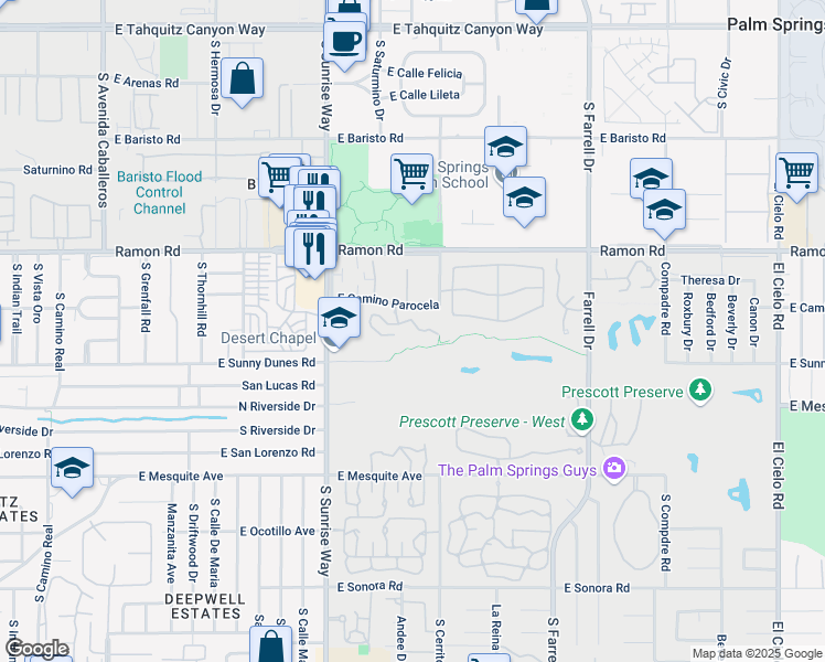 map of restaurants, bars, coffee shops, grocery stores, and more near 2001 East Camino Parocela in Palm Springs