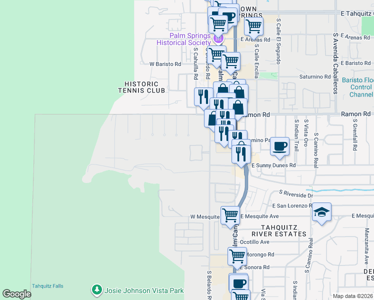 map of restaurants, bars, coffee shops, grocery stores, and more near 631 Big Canyon Drive West in Palm Springs