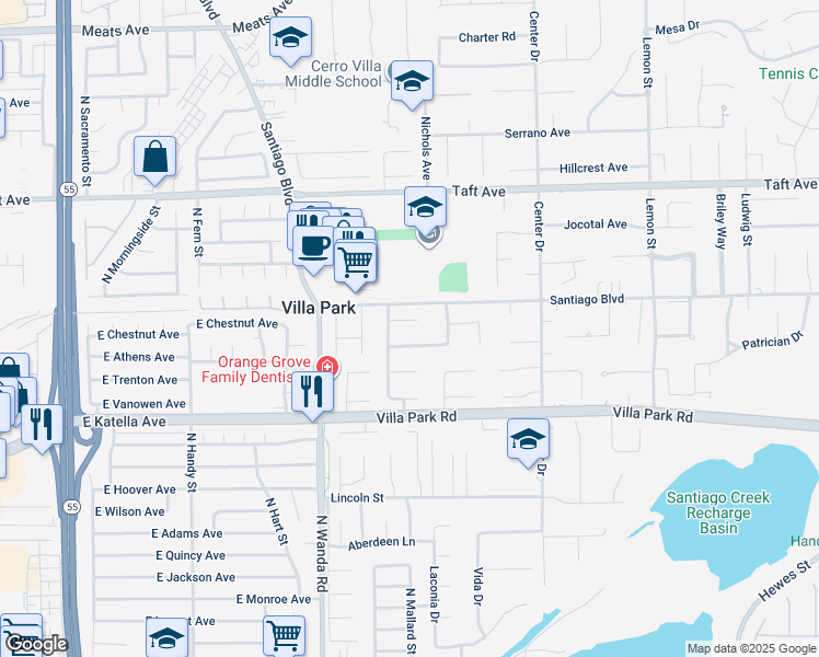 map of restaurants, bars, coffee shops, grocery stores, and more near 17992 Huntington Circle in Villa Park