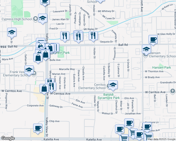 map of restaurants, bars, coffee shops, grocery stores, and more near 6479 Cecilia Circle in Buena Park