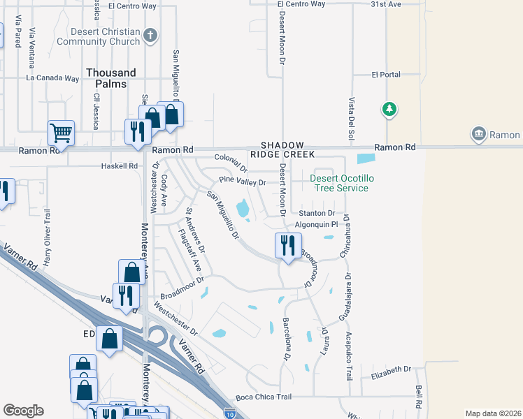 map of restaurants, bars, coffee shops, grocery stores, and more near 32371 Merion Drive in Thousand Palms