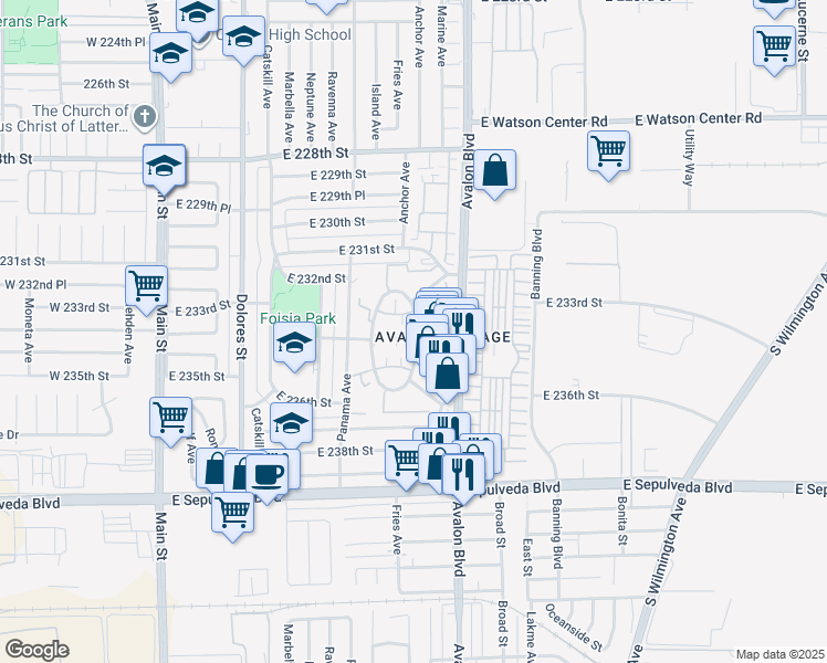 map of restaurants, bars, coffee shops, grocery stores, and more near 23 Anchor Avenue in Carson