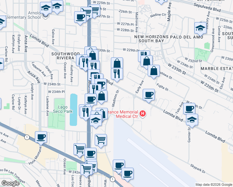 map of restaurants, bars, coffee shops, grocery stores, and more near West 234th Street in Torrance