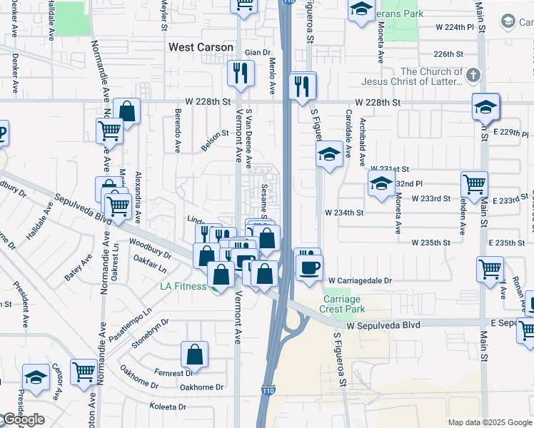 map of restaurants, bars, coffee shops, grocery stores, and more near in Torrance
