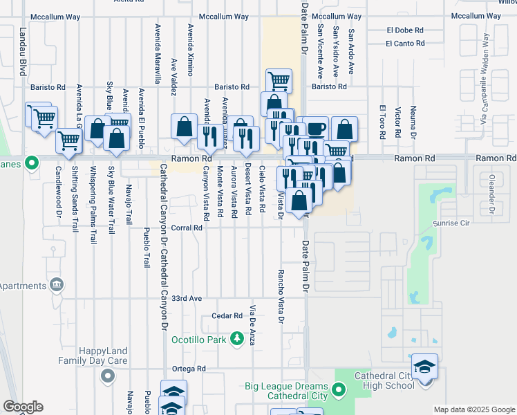 map of restaurants, bars, coffee shops, grocery stores, and more near 32355 Cielo Vista Road in Cathedral City