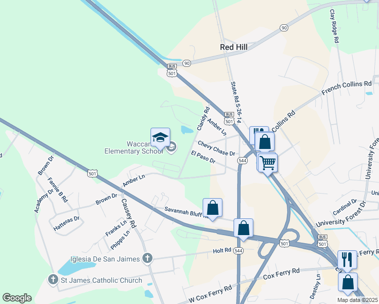 map of restaurants, bars, coffee shops, grocery stores, and more near 251 Claridy Road in Conway