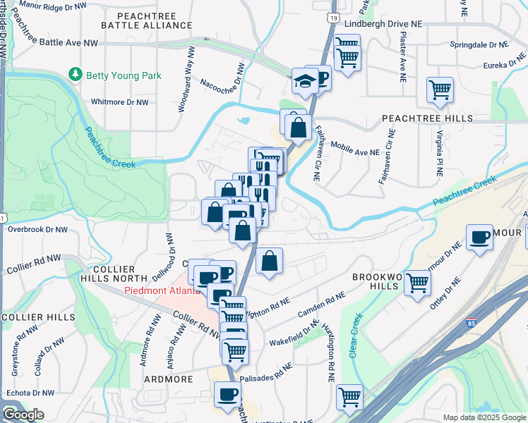 map of restaurants, bars, coffee shops, grocery stores, and more near 2143 U.S. 19 in Atlanta