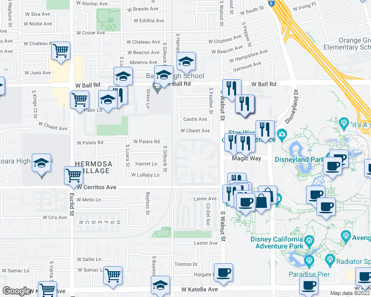 map of restaurants, bars, coffee shops, grocery stores, and more near 1363 South Walnut Street in Anaheim