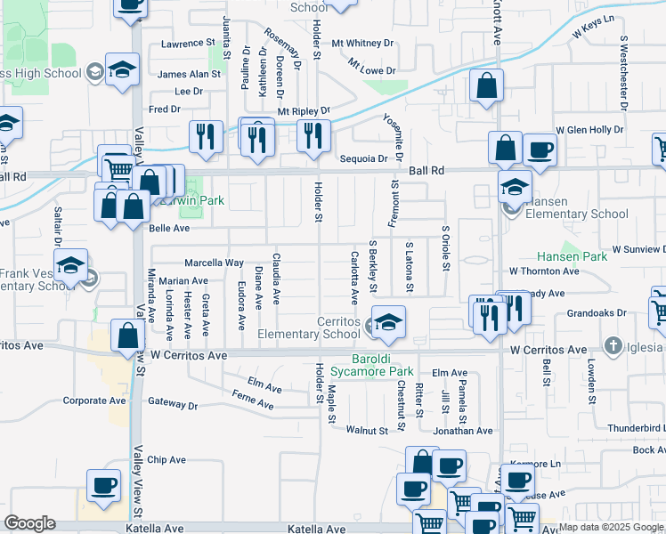 map of restaurants, bars, coffee shops, grocery stores, and more near 6526 Corinne Circle in Buena Park
