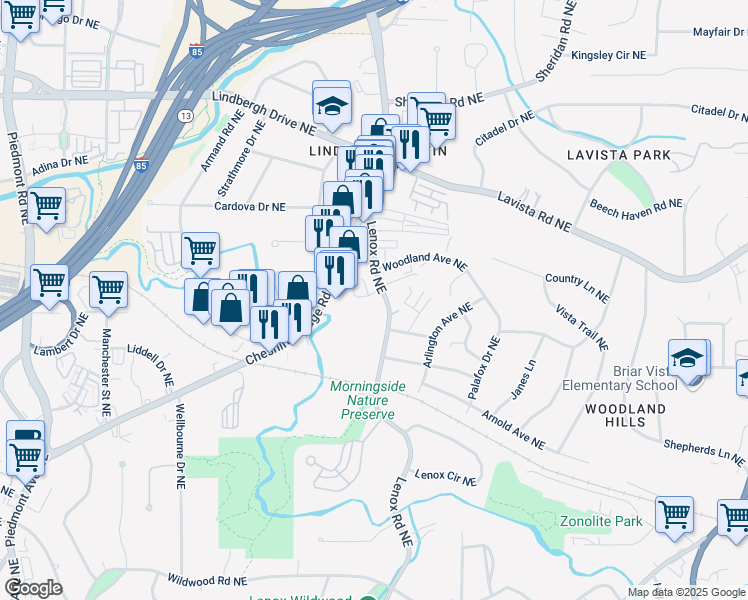 map of restaurants, bars, coffee shops, grocery stores, and more near 2150 Lenox Road Northeast in Atlanta