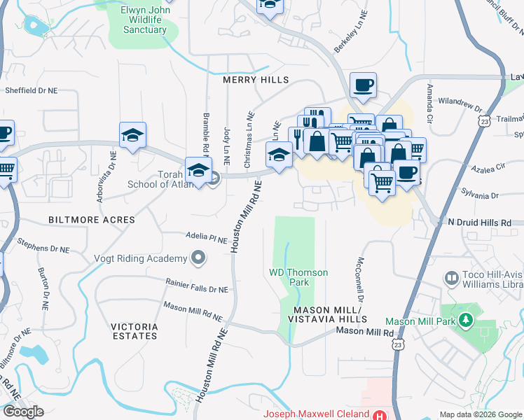 map of restaurants, bars, coffee shops, grocery stores, and more near 1165 Houston Mill Road Northeast in Atlanta