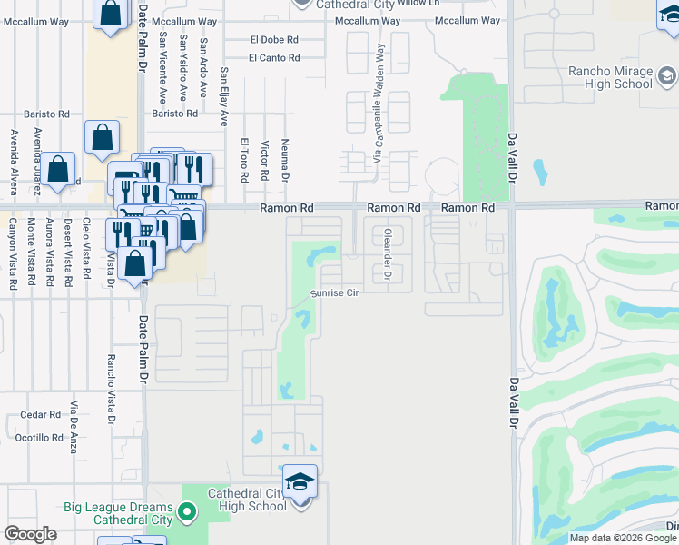 map of restaurants, bars, coffee shops, grocery stores, and more near 69411 Ramon Road in Cathedral City