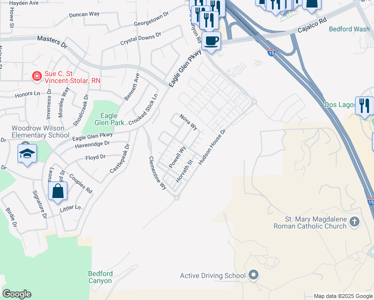 map of restaurants, bars, coffee shops, grocery stores, and more near 4165 Powell Way in Corona