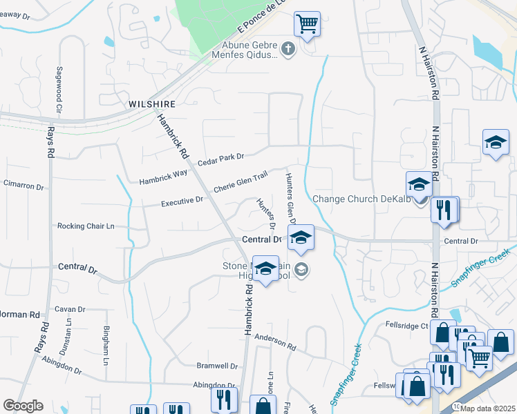 map of restaurants, bars, coffee shops, grocery stores, and more near 1158 Hunters Drive in Stone Mountain