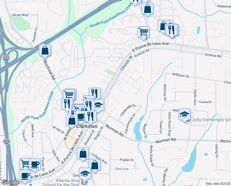 map of restaurants, bars, coffee shops, grocery stores, and more near 4079 Church Street in Clarkston