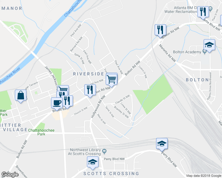 map of restaurants, bars, coffee shops, grocery stores, and more near 2102 Hollywood Rd in Atlanta