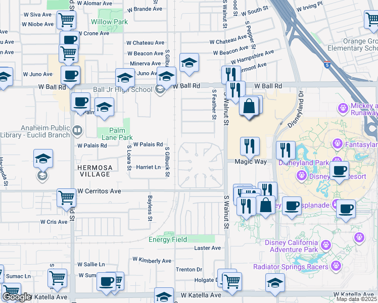 map of restaurants, bars, coffee shops, grocery stores, and more near 1359 South Walnut Street in Anaheim