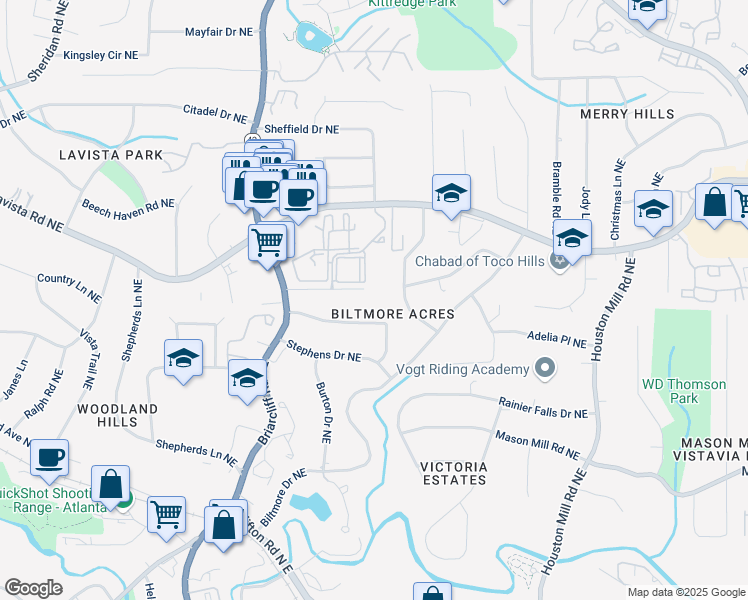 map of restaurants, bars, coffee shops, grocery stores, and more near 1455 Southland Vista Court Northeast in Atlanta