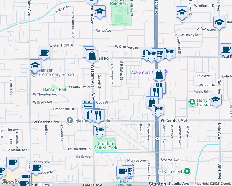 map of restaurants, bars, coffee shops, grocery stores, and more near 10271 Wyatt Road in Stanton