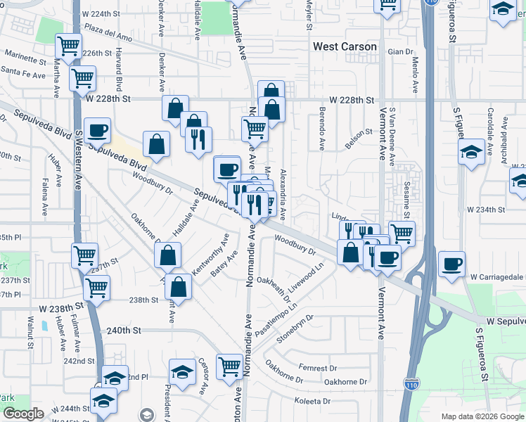 map of restaurants, bars, coffee shops, grocery stores, and more near 1241 Sepulveda Boulevard in Torrance
