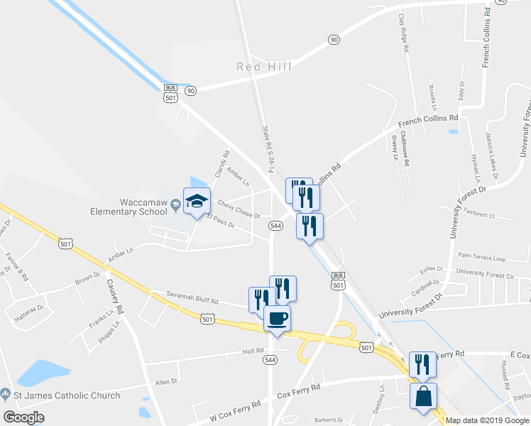 map of restaurants, bars, coffee shops, grocery stores, and more near 358 Highway 544 in Conway