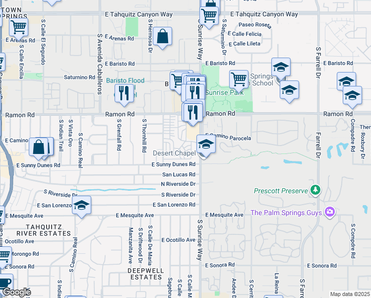 map of restaurants, bars, coffee shops, grocery stores, and more near 322 Logenita Street in Palm Springs