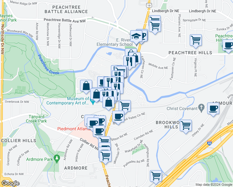 map of restaurants, bars, coffee shops, grocery stores, and more near 2161 Peachtree Road in Atlanta