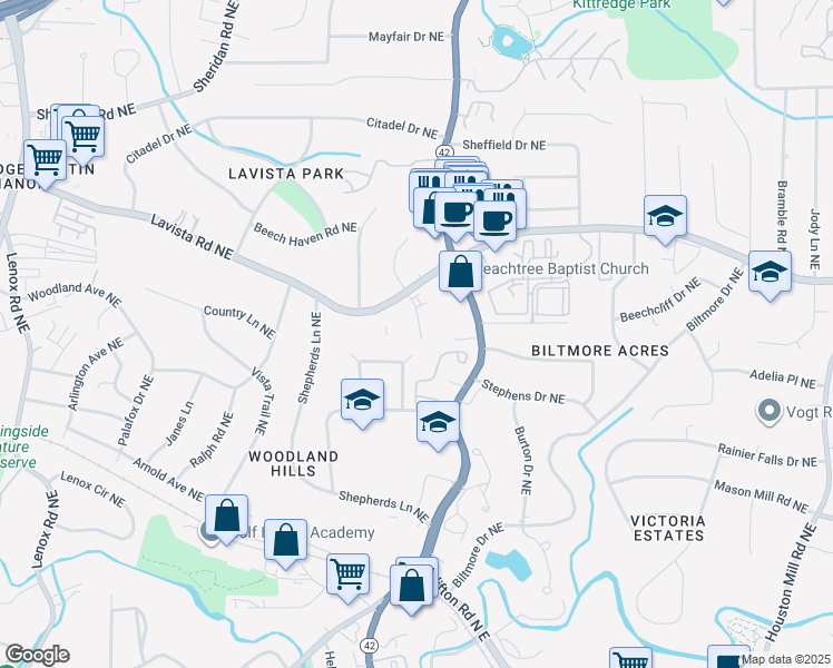 map of restaurants, bars, coffee shops, grocery stores, and more near 1230 Franklin Circle Northeast in Atlanta