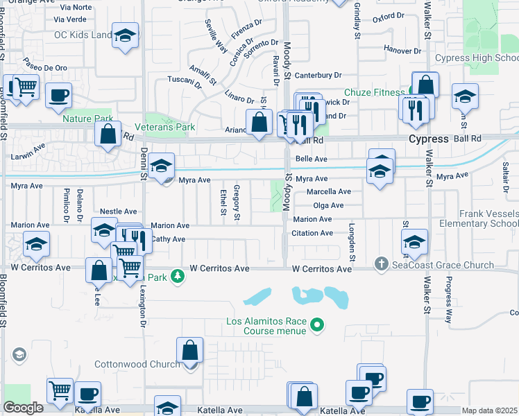 map of restaurants, bars, coffee shops, grocery stores, and more near 4932 Abraham Avenue in Cypress